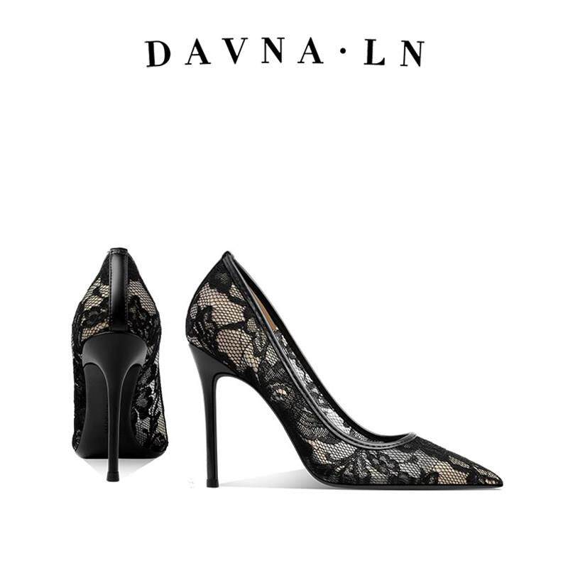 DAVNA`LN黑色性感蕾丝高跟鞋女气质高级感不累脚尖头细跟名媛单鞋