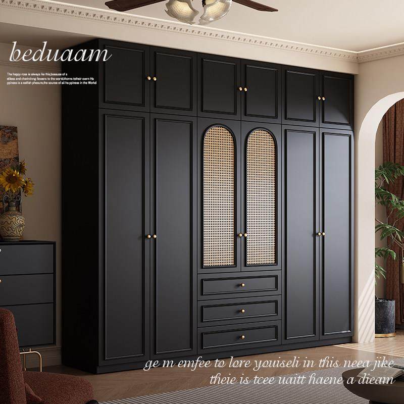 复古风黑色衣柜藤编门家用卧室小户型公主房实木ENF美式法式衣橱