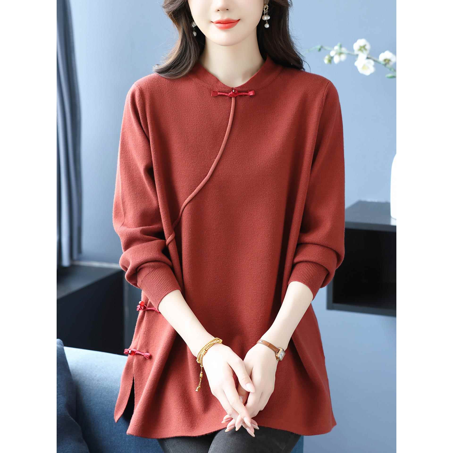 中年妈妈秋冬新中式国风盘扣毛衣女宽松加大码洋气减龄针织衫上衣