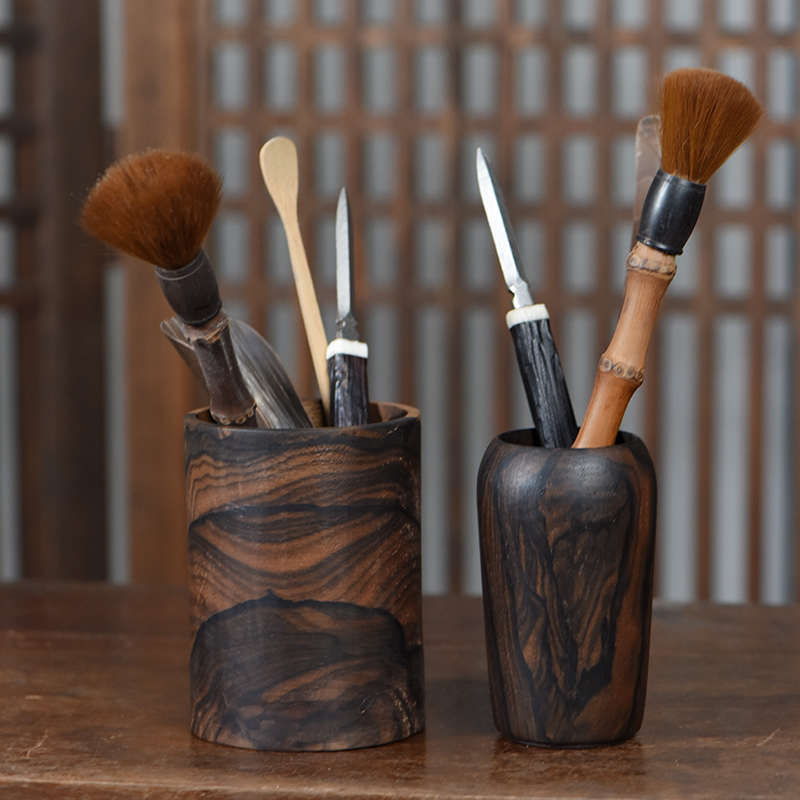 手工黑柿木实木茶筒一体挖制茶道六君子配件收纳笔筒茶桶复古单个