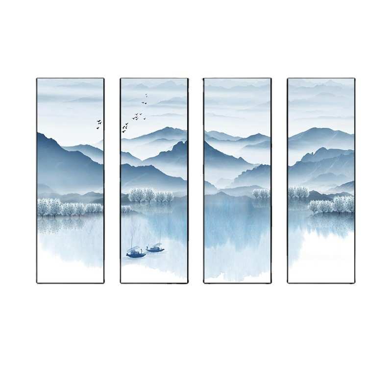 新中式玄关装饰画竖版四联走廊过道壁画水墨山水风景挂画背景墙画