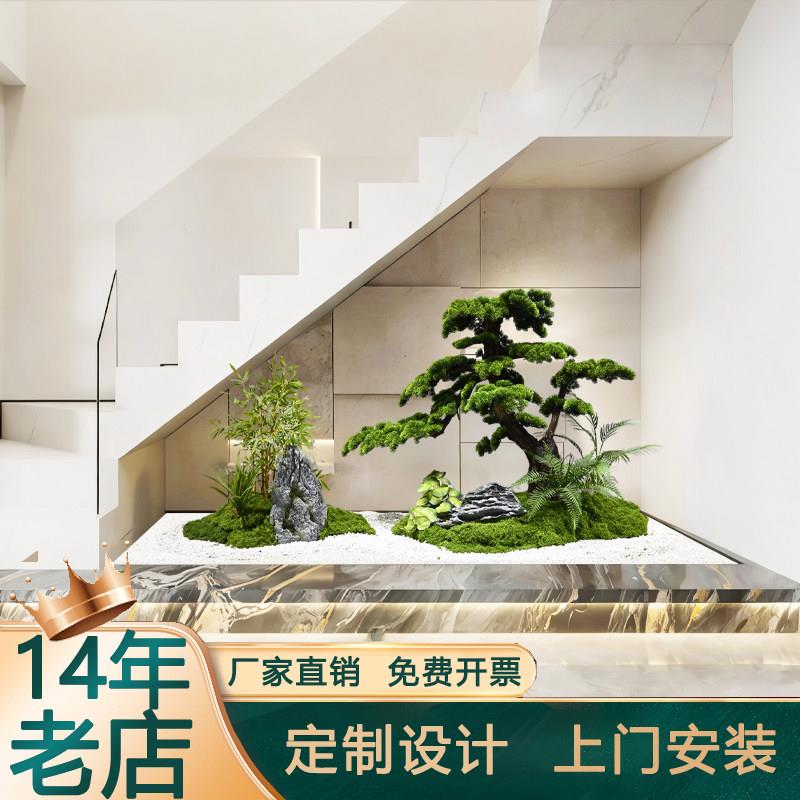 楼梯下流水造景室内公司别墅彷真绿色植物景观彷真竹子新中式装饰