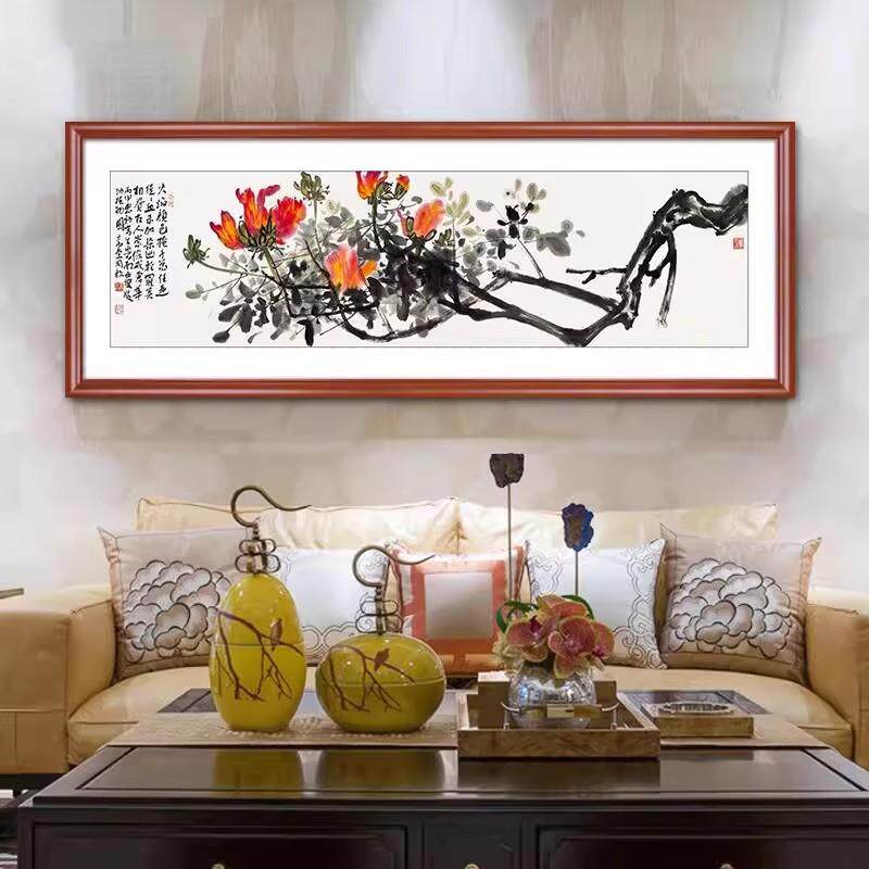 木棉花水墨国画客厅装饰画新中式沙发背景墙画单幅实木框装裱壁画