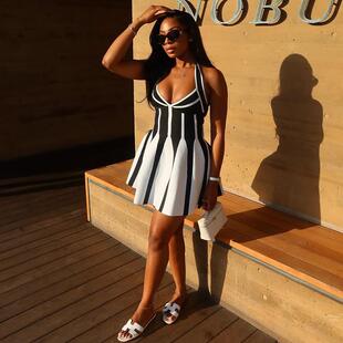 短连衣裙潮 修身 欧美风外贸黑白撞色女装 褶皱拼接A字裙挂脖V领无袖
