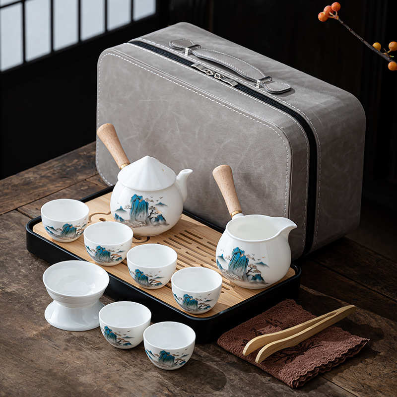 羊脂玉白瓷旅行茶具套装便携式功夫茶具侧把泡茶壶商务礼品伴手礼