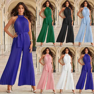 Hanging neck sleeveless pleated jumpsuit women's lace up