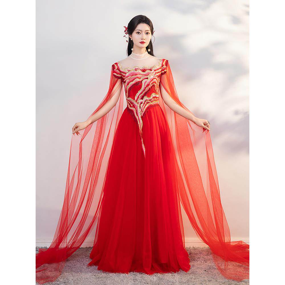 高档绿青色国风中礼服女古筝演出服成人中大童学生考民乐表演服主