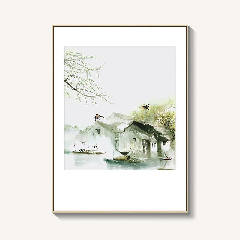 水墨江南新中式客厅挂画餐厅背景装饰画风景荷花现代简约书房壁画