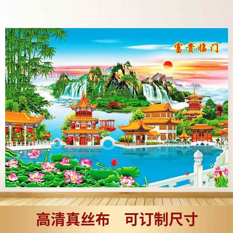 定制亭台楼阁仙堂背景画山水小桥亭子风景堂口壁画佛堂装饰画布画