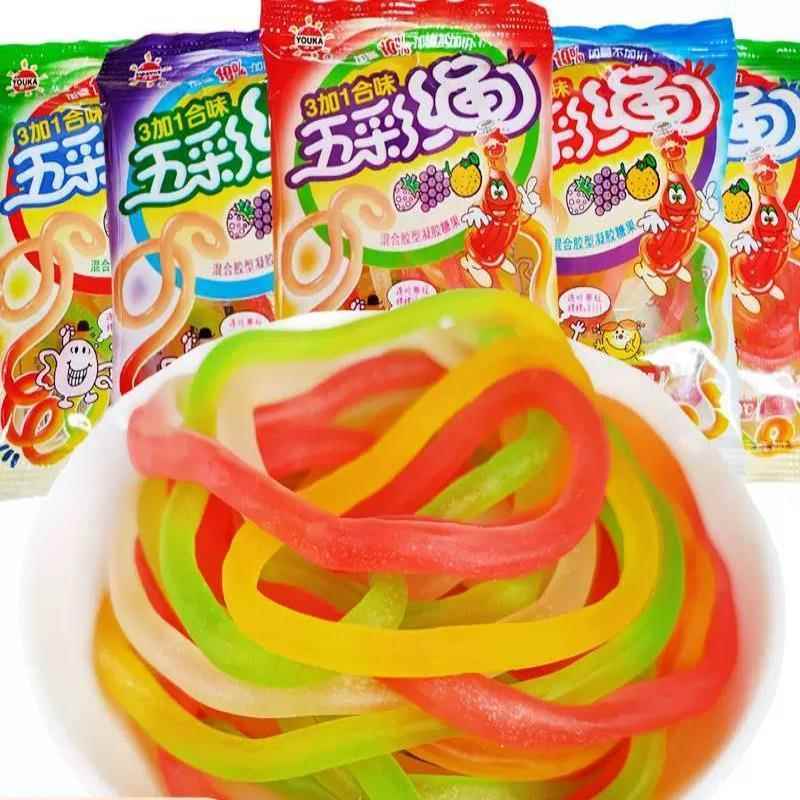 现货优卡五彩绳软糖qq橡皮糖软糖儿童糖果跳绳糖8090后怀旧休闲