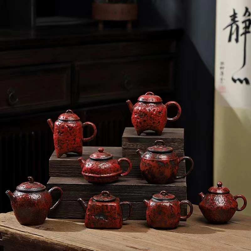 粗陶老岩泥汉中四方秤砣茶壶家用功夫茶具球孔过滤描金泡茶器单壶