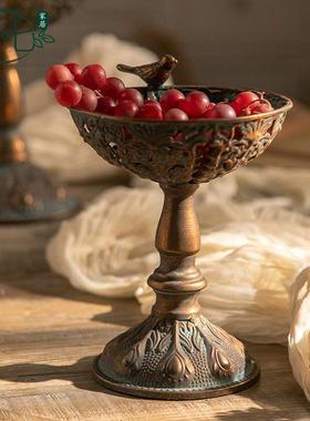 仿古装铜艺玄A2838关装饰摆件铁高脚水果托古盘美式复民宿饰品鸟