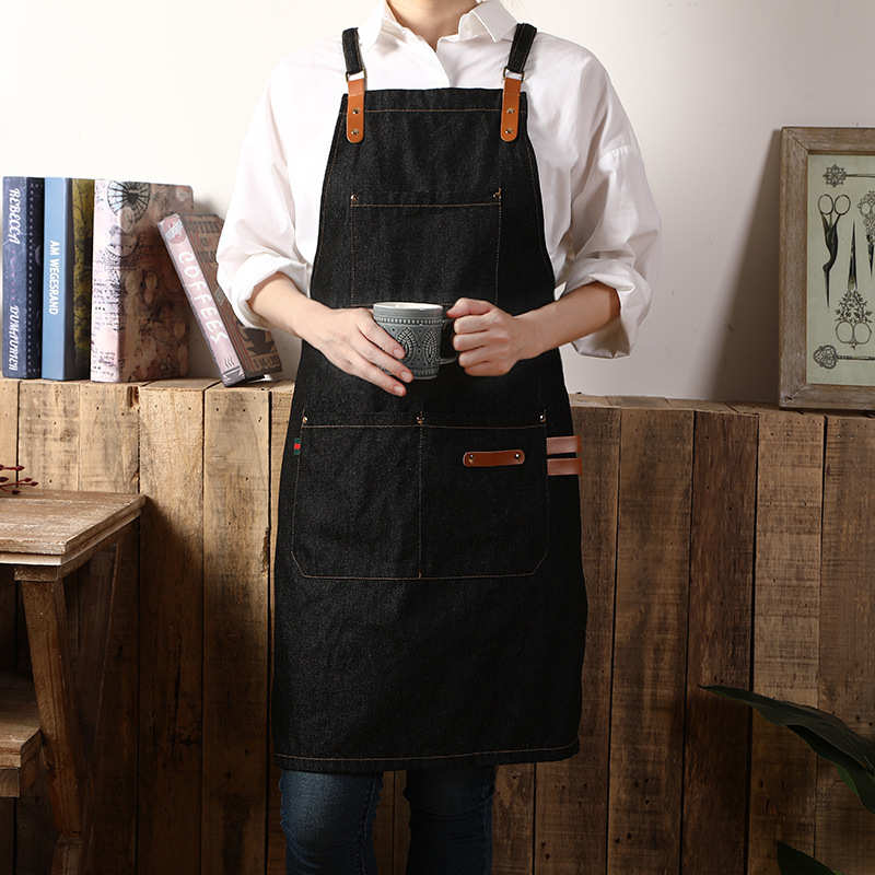 韩版时尚牛仔围裙logo印字咖啡厅奶茶店发型师酒吧工作服围裙批发