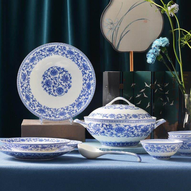 华光国瓷骨瓷碗碟餐具套装 中式高档青花釉中彩餐具礼盒 青花欲语
