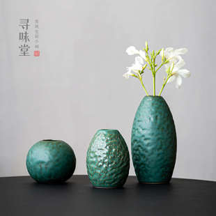 禅意桌面摆件 墨绿陶瓷石纹花器｜复古风中小花瓶花插窑变粗陶中式