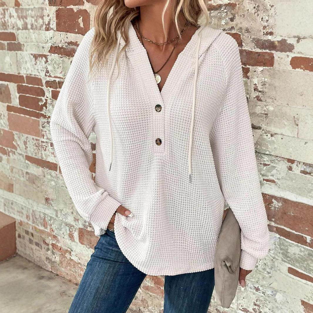 Hoodies For Women Waffle Knit Long Sleeve Drawstring Button - 实物图