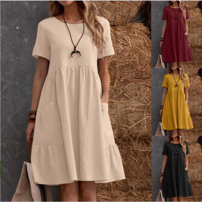 2026 Summer Vintage Loose Cotton Linen Dress for Women图片