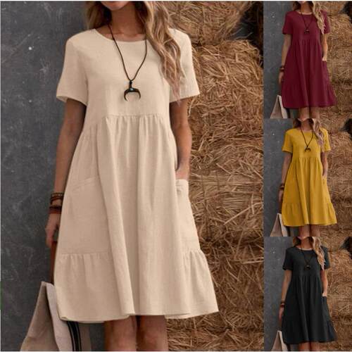 2026 Summer Retro Loose Fit Womens Linen Cotton Dress Solid