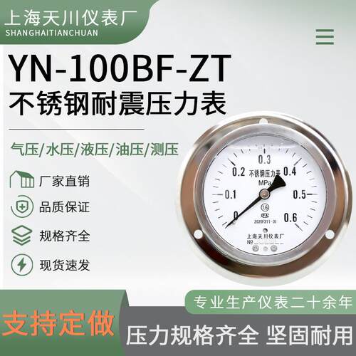 YN-100BF-ZT不锈钢耐震轴向带边压力表防腐真空压力表氧
