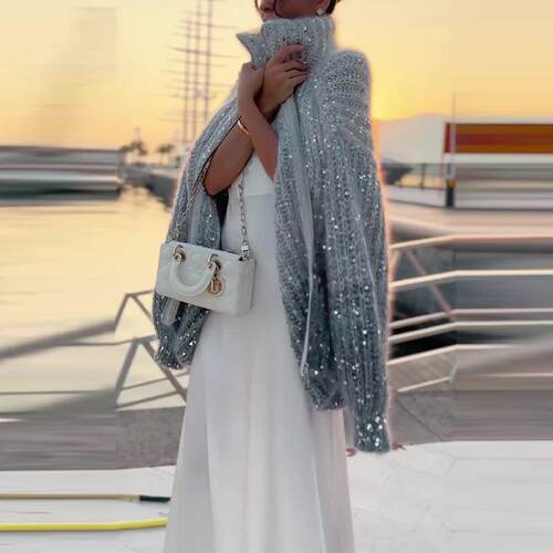 Sequined stand up collar sweater jacket for women, thick