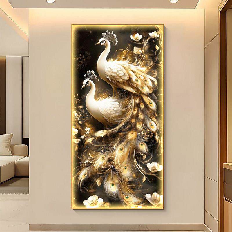 孔雀入户玄关装饰画轻奢客厅走廊过道灯画挂画现代寓意好茶室壁画