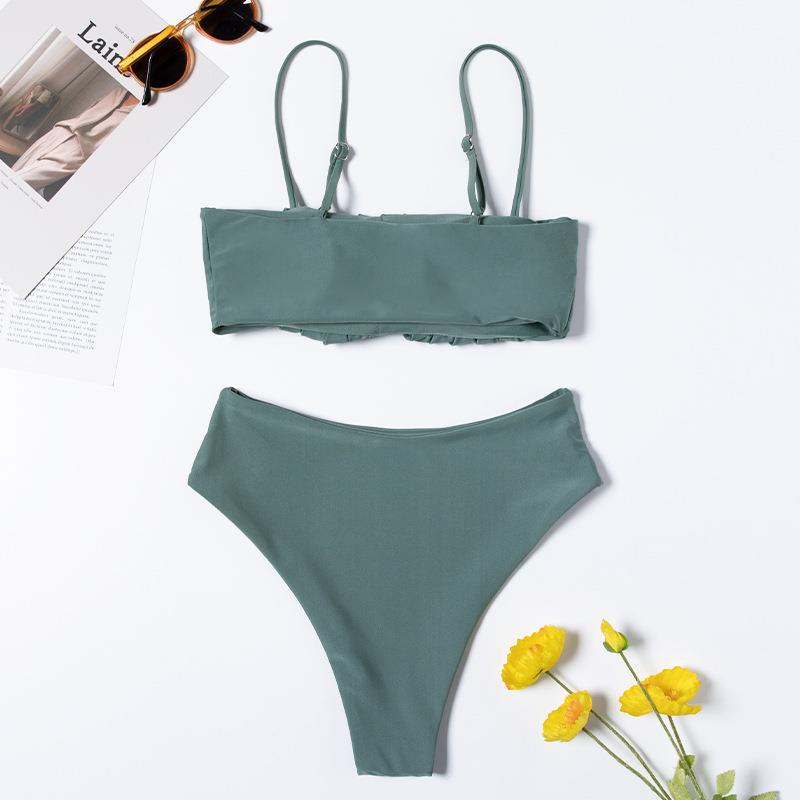 Solid color pleated tube top sexy bikini swimsuit for women