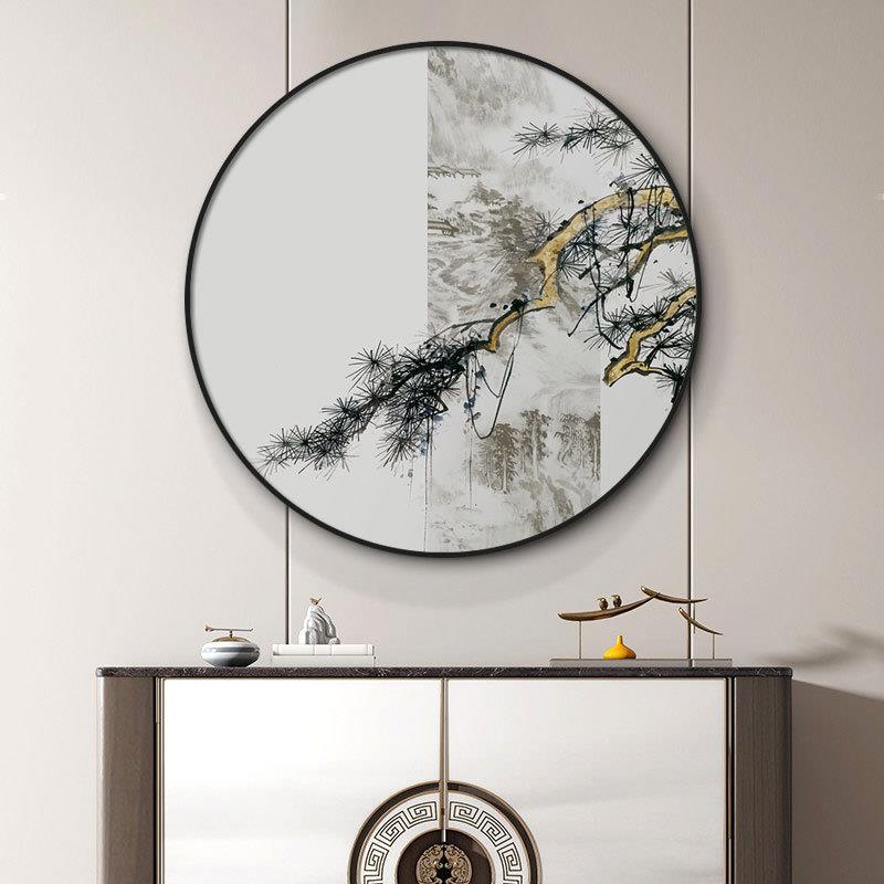 新中式圆形装饰画客厅餐厅壁画进门饭店包厢玄关走廊背景墙挂画