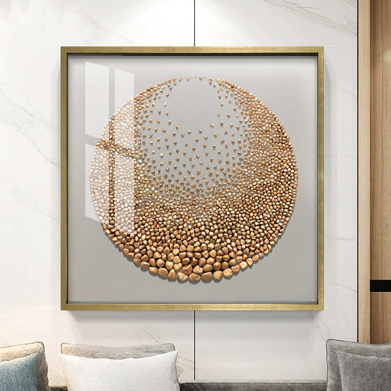 客厅装饰画三联组合现代饭餐厅玄关挂画立体金色石子实物画墙画图片