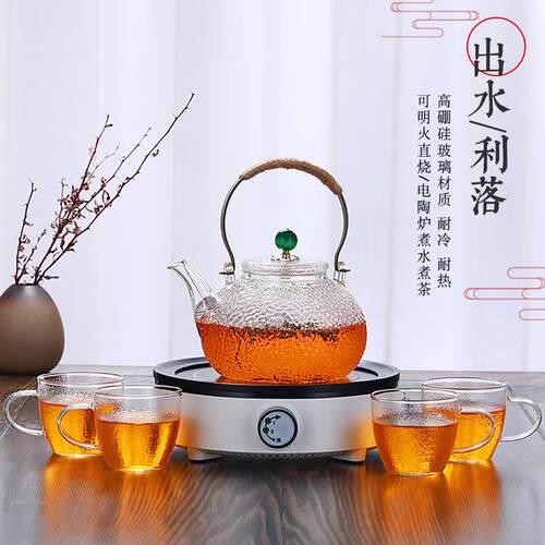 新款直销锤纹提梁壶加厚可高温烧水泡茶壶铜把高硼硅玻璃过滤功夫