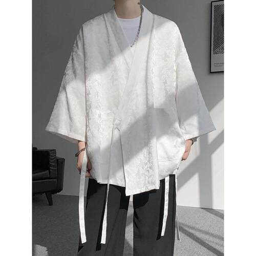 コーデュイの潮牌提花七分袖衬衫男高级感斜襟改良道袍禅意居士服