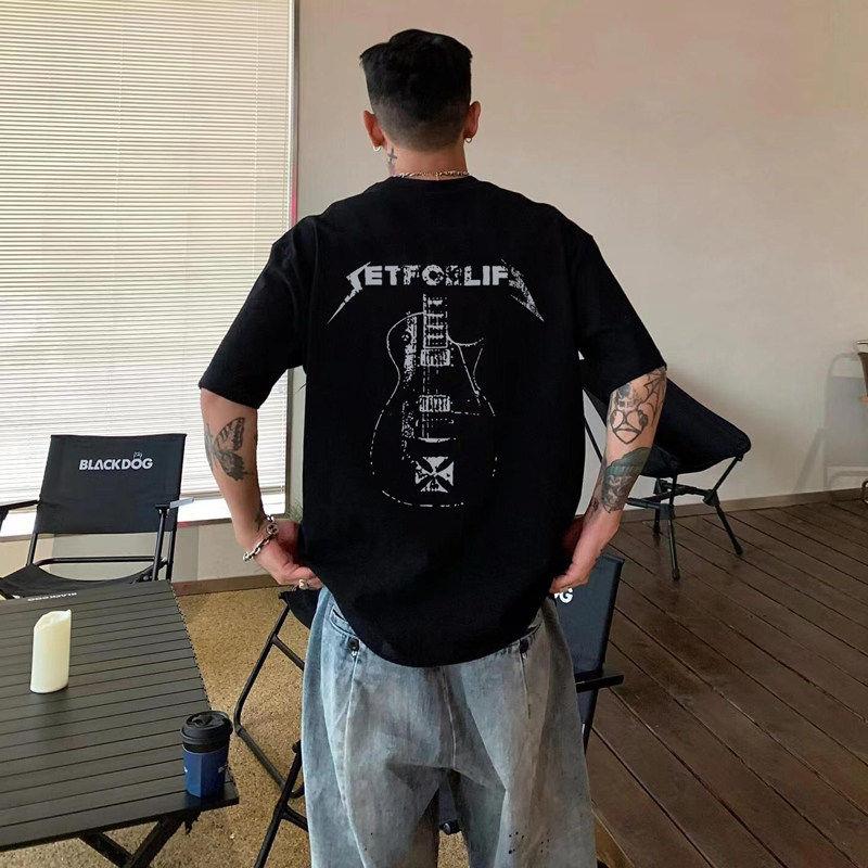 香港潮牌美式重磅纯棉短袖t恤男夏季设计感吉他印花黑色半袖上衣