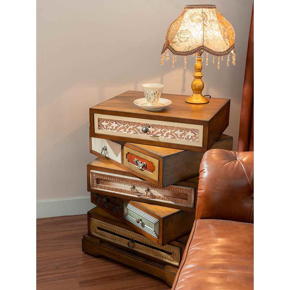 美式复古旋木转床头柜G30405-L中古风设计小边柜实师柜储物柜小户
