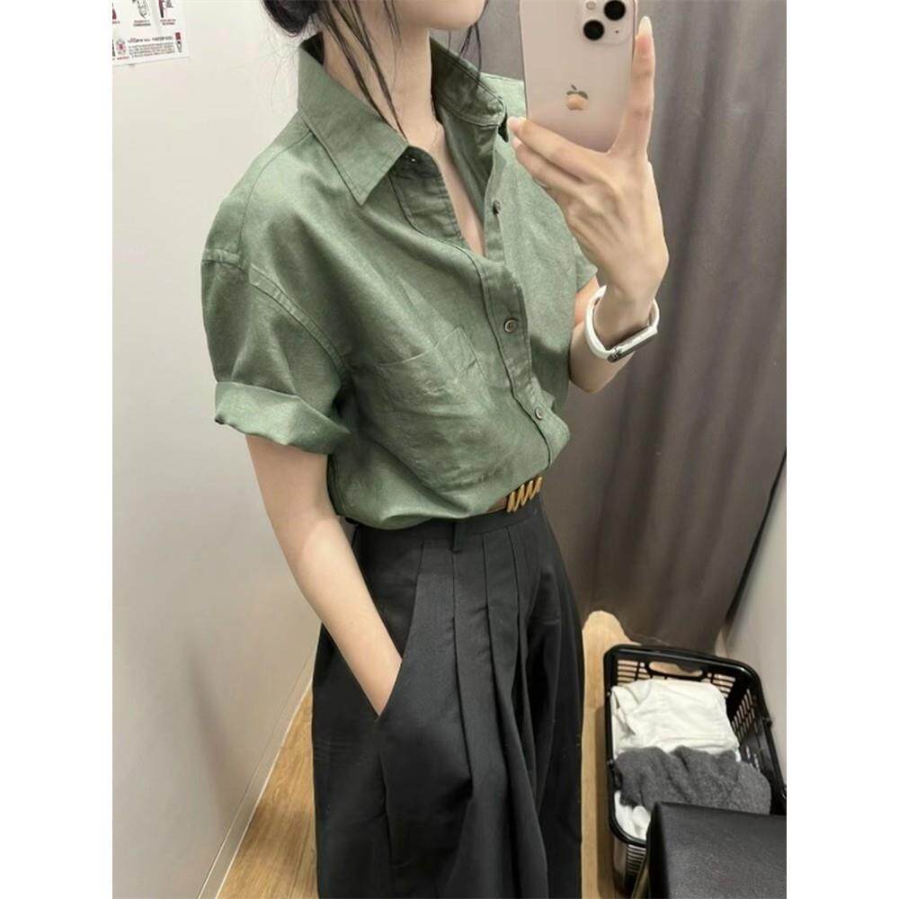韩国绿色棉麻正肩短袖衬衫女夏季薄款高级感亚麻衬衫polo领上衣