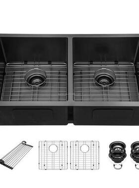 黑色304不锈钢台下式双槽30x20x10 英寸纳米不锈钢厨房水槽带配件