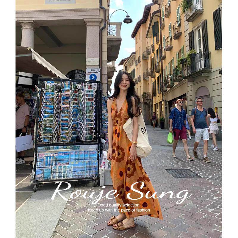 ROUJE SUNG橘色印花连衣裙女夏季三亚海岛旅游穿搭波西米亚沙滩裙