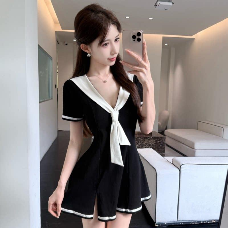 酒店工装制服性感女装海军领短袖洗浴按摩技师服工作服连衣裙