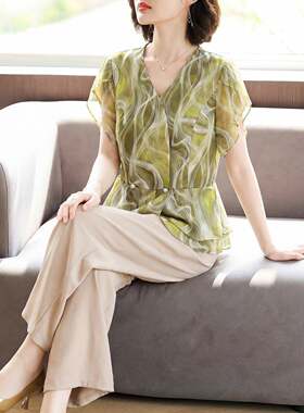 妈妈夏装真丝短袖T恤洋派小衫2026新款中老年女装时尚套装上衣服