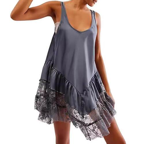 Women's Polyester Patchwork Tunic Dress with Lace Trim