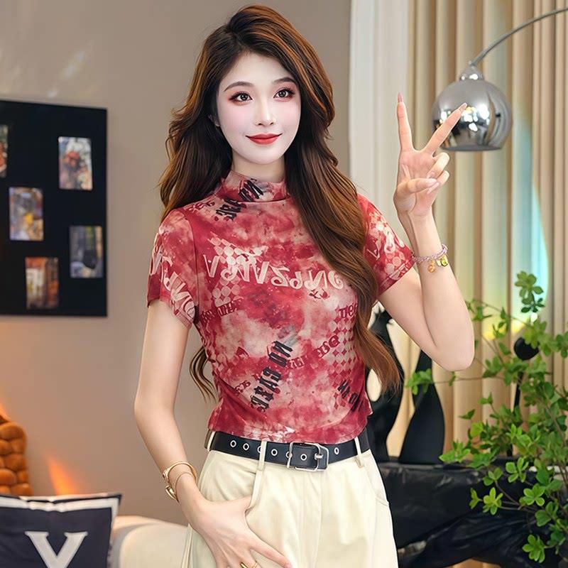 欧货印花薄款网纱短袖t恤女士2026年夏季新款修身显瘦半高领上衣