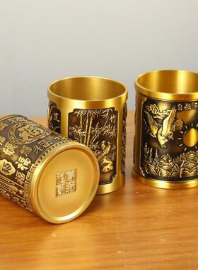 黄铜筒办公室笔桌面161筒收件纳装饰摆百福笔筒梅笔兰竹菊大展宏