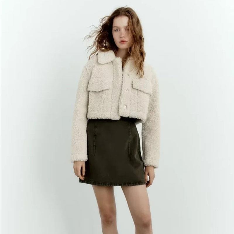 Fashion Fleece Warm Jacket Coat Lapel Cropped Top Faux