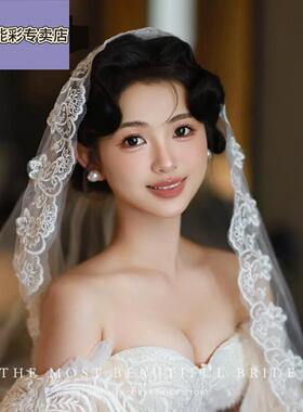 头纱新娘主婚纱法式复古蕾丝花边拖尾结婚高级感盖头白色超仙头饰