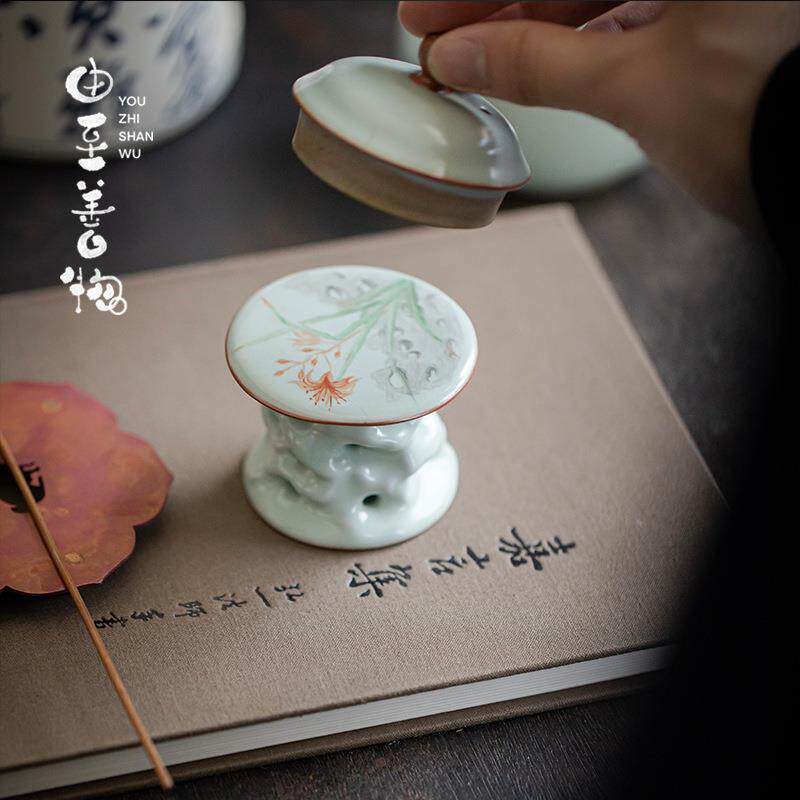 由至天青汝瓷盖置釉上彩盖碗托复古茶台摆件家用紫砂壶盖托茶