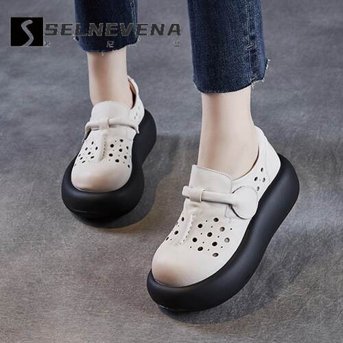 SELNEVENA2025夏季镂空松糕增高厚底洞洞女鞋真皮丑萌牛皮凉鞋