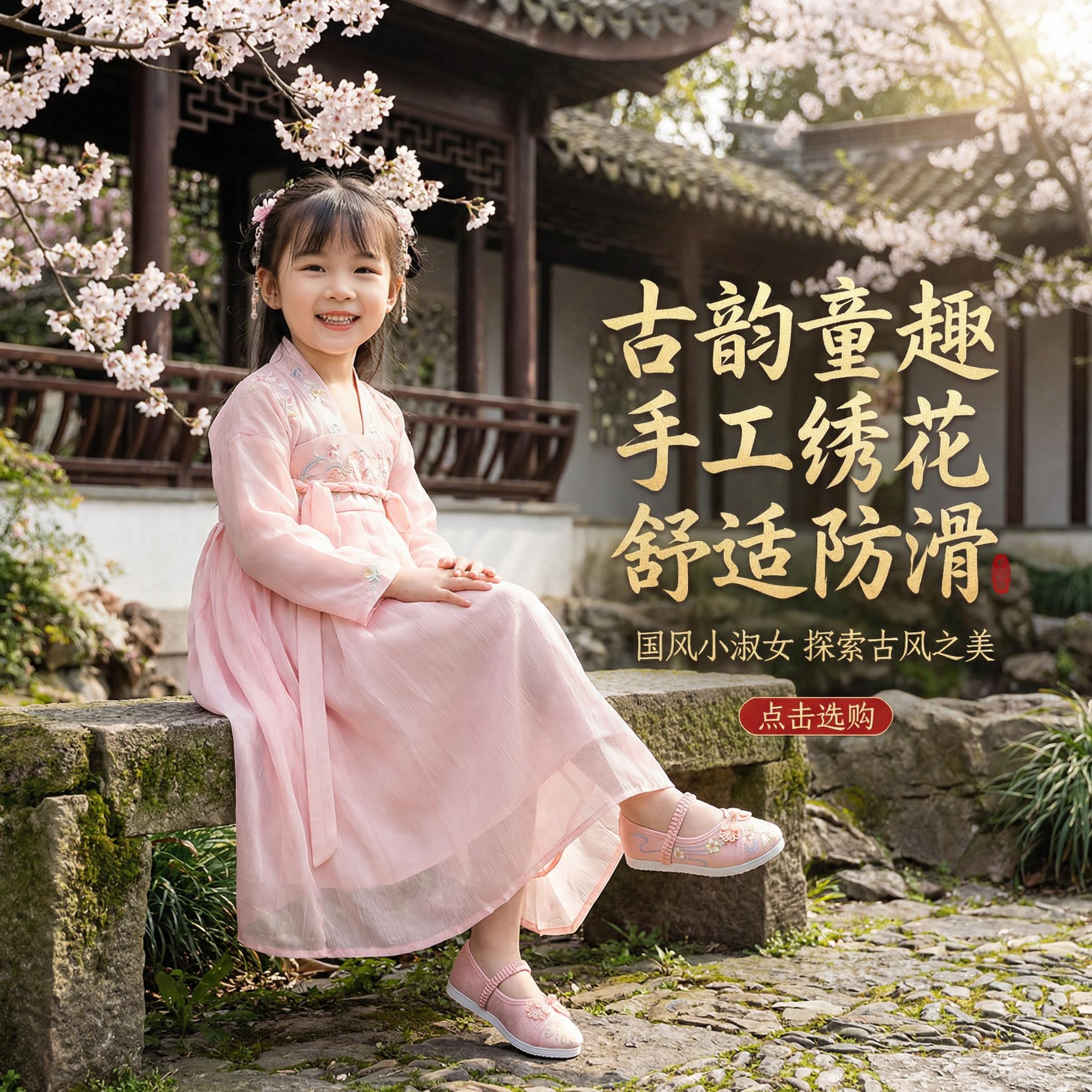 汉服鞋女童新款古风公主鞋宝宝国风童鞋儿童女款绣花鞋新中式布鞋图片