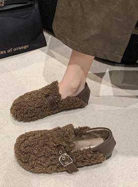 春季毛毛单鞋女2026新款加绒保暖瓢鞋平底一脚蹬懒人豆豆乐0112z