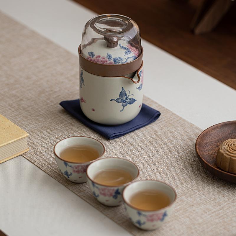 汝窑旅行茶具套装一壶三杯陶瓷便携式快客杯户外露营泡茶壶茶杯