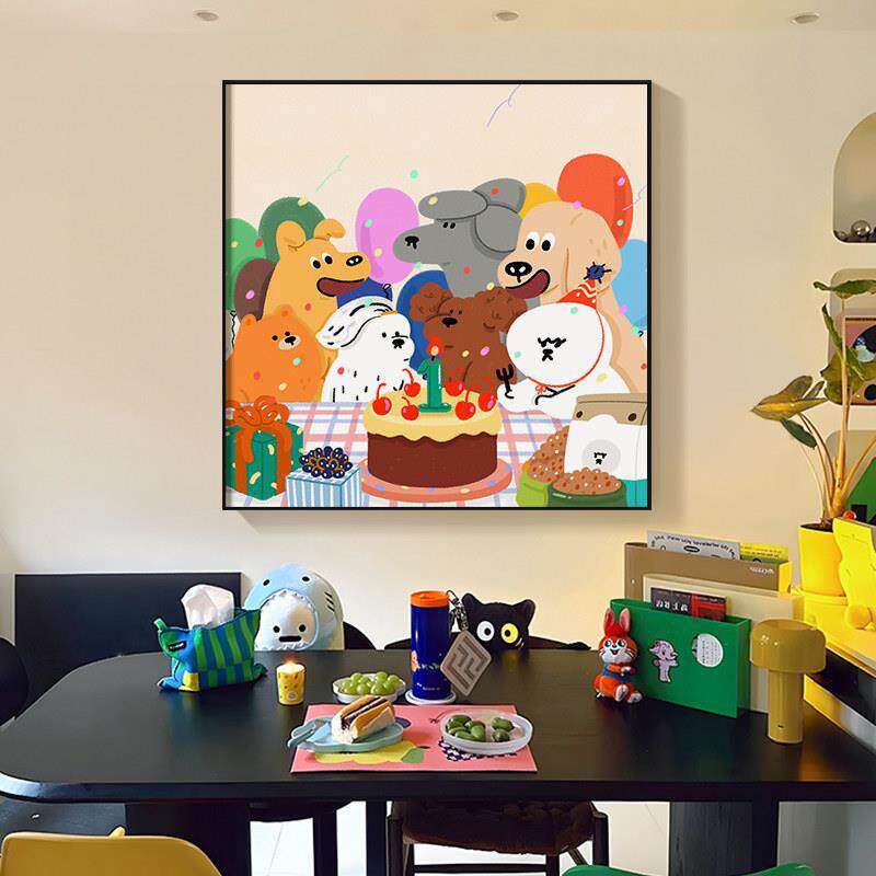 北欧ins风可爱小狗治愈系儿童房装饰挂画客厅卧室餐厅方形桌面画