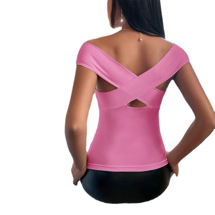 Slim Solid Top Sleeveless T-shirt Women Shoulder Color Sexy