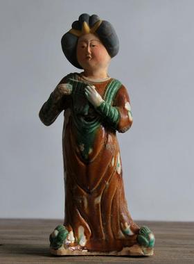 正品唐仕摆件器俑侍女陶俑胖仿妞肥婆古玩收藏古唐乐三彩女仕女陶